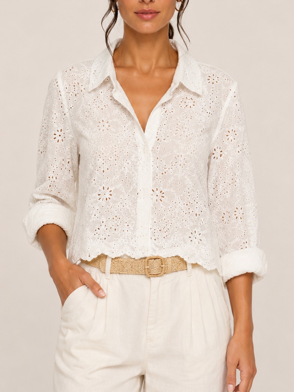 White Eyelet Blouse - Feminine Collared Top